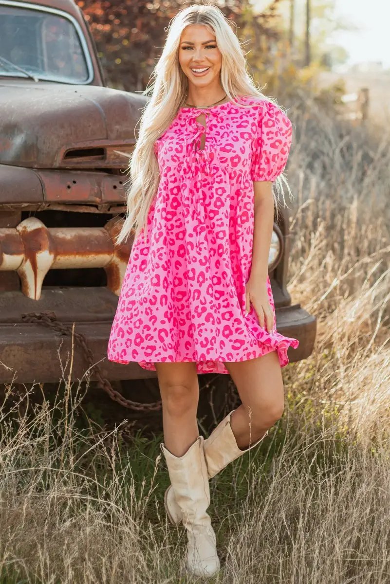 Rose Leopard Puff Sleeve Tie Front High Waist Mini Dress - Love Salve